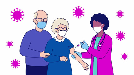 Fototapeta premium Vaccination of elderly couple by healthcare worker during pandemic