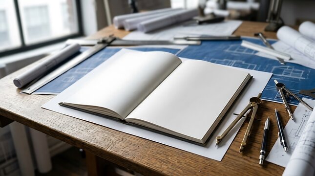 Close up angled view of completely blank wide open sketchbook mockup resting on massive wooden architect table for drawing presentation