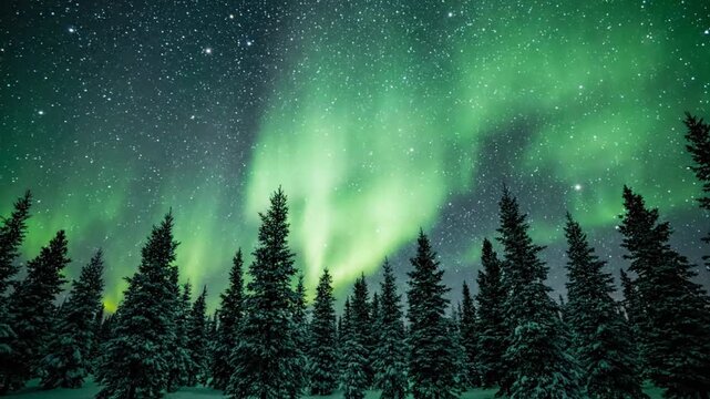 Green aurora borealis lights dancing over a snowy pine tree forest northern
