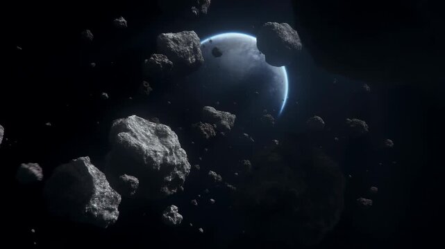 Rocky asteroids drift through a dark orbital scene as a blue crescent planet glows in the distance, with rugged stone surfaces catching cold rim light among scattered debris