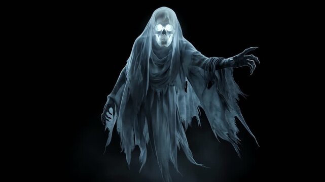 Scary ghost skull figure emerging from a dark mysterious background with Halloween horror atmosphere