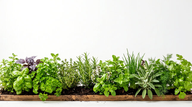 mix fresh organic herbs coriander, cilantro, parsley, mint, basil, rosemary, dill, oregano, growing in wooden crate, white background, copy space