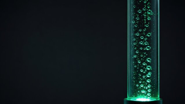 Transparent cylindrical container filled with green liquid and rising bubbles against a dark background.