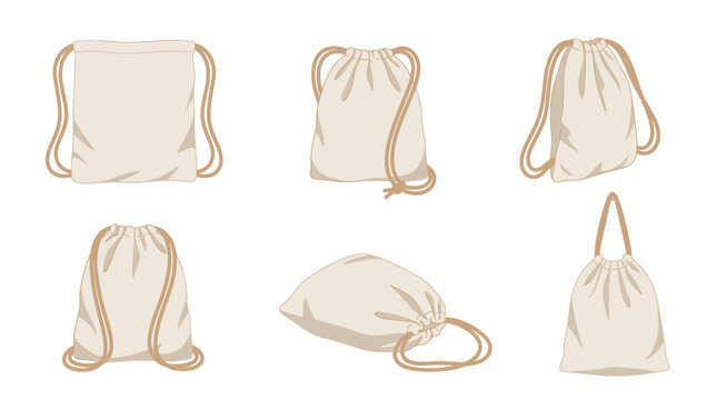 Eco-friendly cotton drawstring backpack mockup set in various angles vector illustration