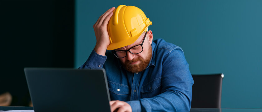 Frustrated Engineer at Laptop: A tired and stressed engineer wearing a yellow hard hat, with glasses and a beard, sits at a desk with a laptop, his hand on his head in a gesture of despair.