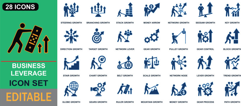 Business leverage icon set vector illustration featuring corporate growth and financial success