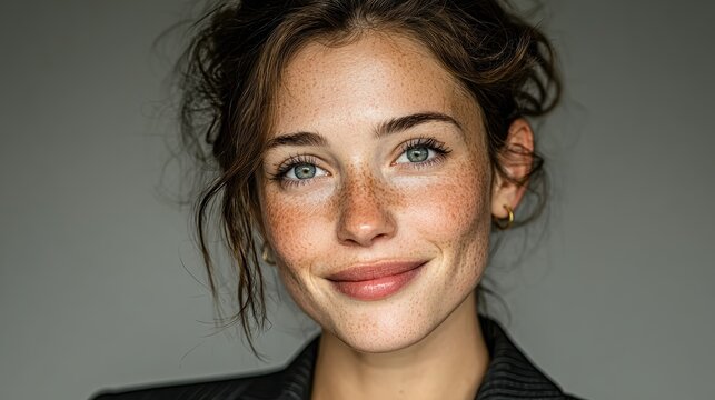 A captivating portrait of a young woman with soft freckles and loose hair, displaying a warm smile against a neutral backdrop, embodying confidence and charm in her expression.