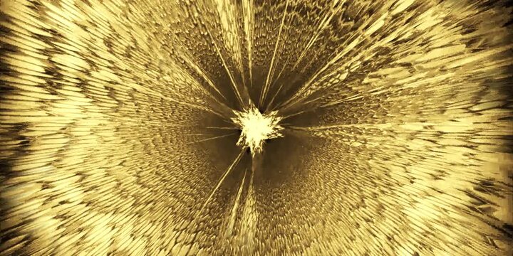 Hyperspace light speed space flight through bright flicker gold star space time wormhole vortex tunnel. 4K 3D Loop colorful Sci-Fi interstellar space travel background concept. 