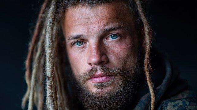This portrait captures a young man with long dreadlocks and an intense gaze, highlighting his rugged features and unique character against a dark background.
