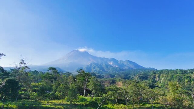 Aerial drone view peaceful merapi mount volcano landscape in nature for travel film