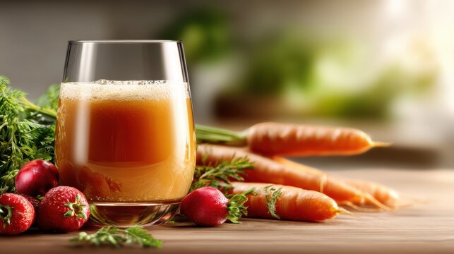 This image showcases a refreshing glass of carrot juice with fresh carrots and strawberries, emphasizing health, nutrition, and vibrant colors in a natural setting.