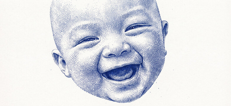 Vintage Engraved Blue Line Art Portrait of Happy Smiling Baby Face looklikefinger print