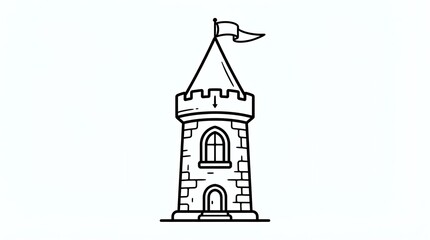 Fototapeta premium A simple black and white line art illustration of a medieval stone castle tower with a flag on top