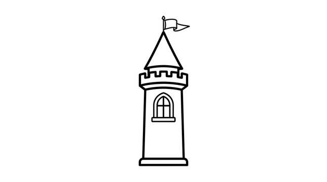 A simple black and white line art illustration of a medieval castle tower with a flag on the top