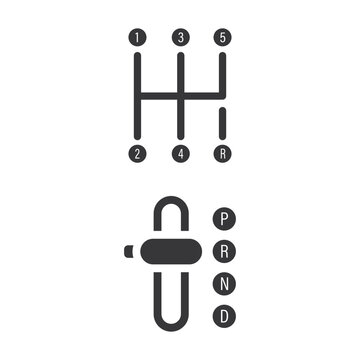 Bundle isolated icon set featuring manual stick shift gear pattern and automatic transmission selector for car driving automotive vehicle control elements