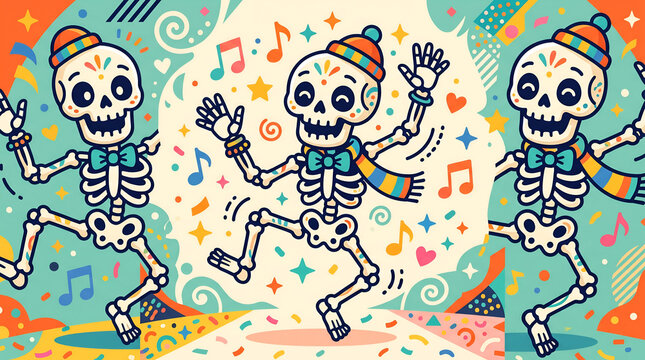 Three cheerful cartoon skeletons dancing joyfully