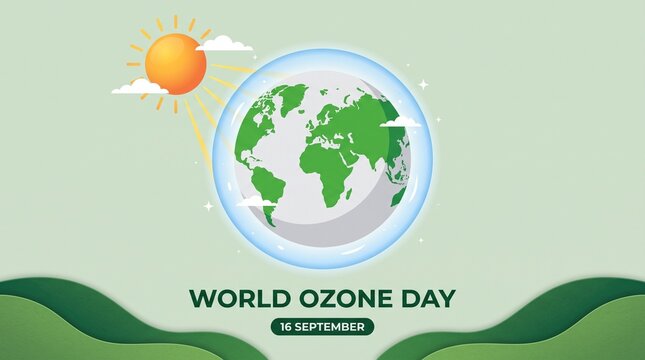 World Ozone Day 16 September banner, Earth globe with protective atmosphere layer, environmental conservation concept illustration