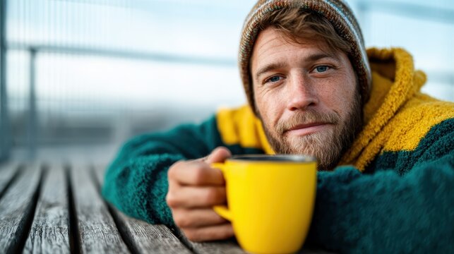 A contemplative young man wrapped in a cozy sweater, holding a yellow mug, gazes thoughtfully while sitting at a wooden table, exuding relaxation and warmth on a chilly day.
