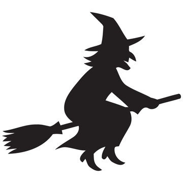 Vector Halloween silhouette icon with scary witch flying on magic broom isolated on white background
