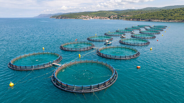 Aerial view of multiple circular aquaculture fish farm cages floating in turquoise sea near a coastal hillside