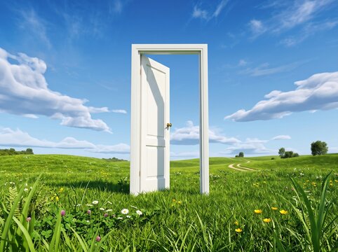 A single white open door standing alone in a lush green meadow under a bright blue sky