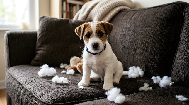 A cute jack russell terrier puppy sitting on a couch surrounded by stuffing from a destroyed toy