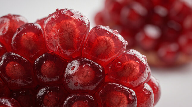 Jewel-like deep red pomegranate arils glistening with fresh water droplets in a macro studio closeup