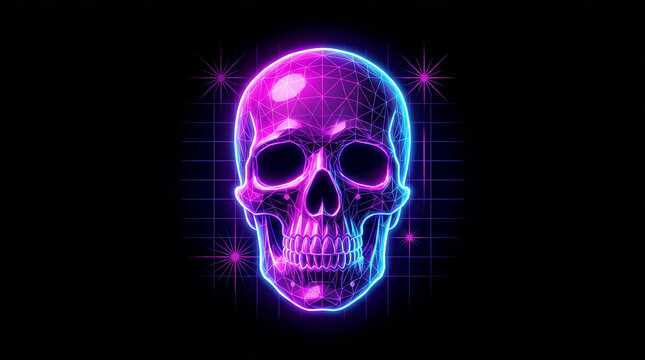 Retro synthwave glowing polygon skull with pink and blue neon lights against a dark grid background