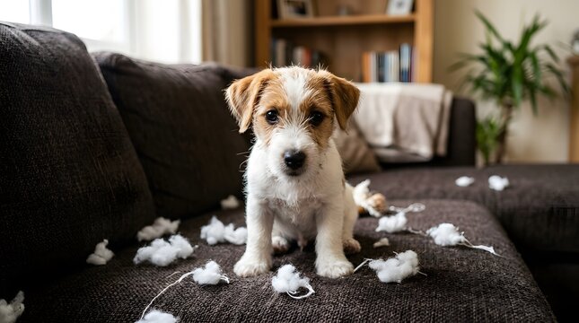 A cute jack russell terrier puppy sitting on a couch surrounded by white stuffing from a destroyed cushion