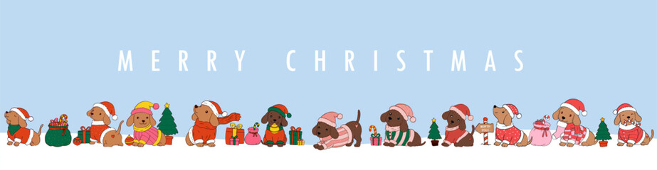 Fototapeta premium Merry Christmas and happy new year greeting card with cute dachshund puppy in winter costumes. Xmas design in trendy whimsical hand drawn style dog and decorated christmas tree banner, poster, covers.