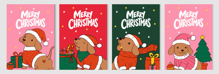 Fototapeta premium Merry Christmas and happy new year greeting card with cute dachshund puppy in winter costumes. Xmas design in trendy whimsical hand drawn style dog and decorated christmas tree banner, poster, covers.