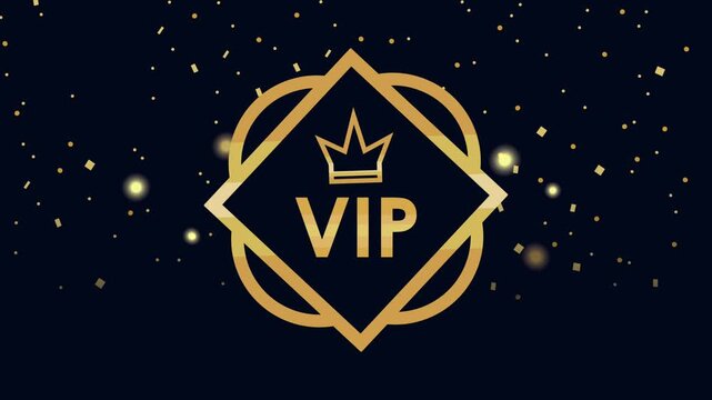 Dynamic vip luxury golden badge motion graphic with falling glitter particles on elegant dark background footage.
