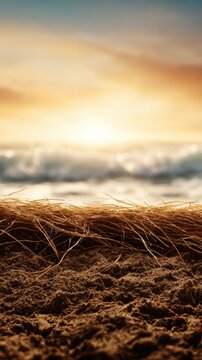 A serene beach scene at sunset with waves gently crashing on the shore and golden grass in the foreground