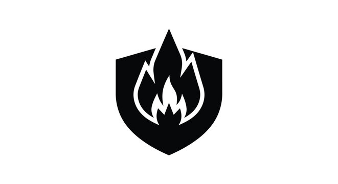 Black shield silhouette with white flame design on a white background