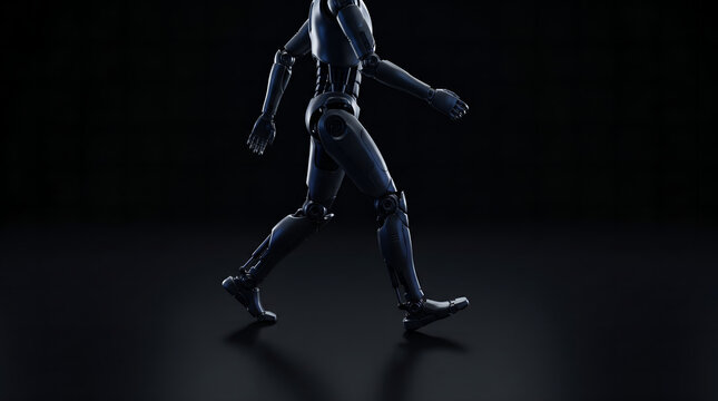 Fictional humanoid robot walking through deep darkness with subtle white rim lighting for autonomous mobility, robotics, machine autonomy, intelligent systems, future transportation, and innovation