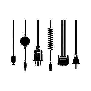 Collection of black silhouettes representing various computer cables and electrical power plugs