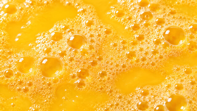 Macro texture of orange juice bubbles and yellow liquid foam background