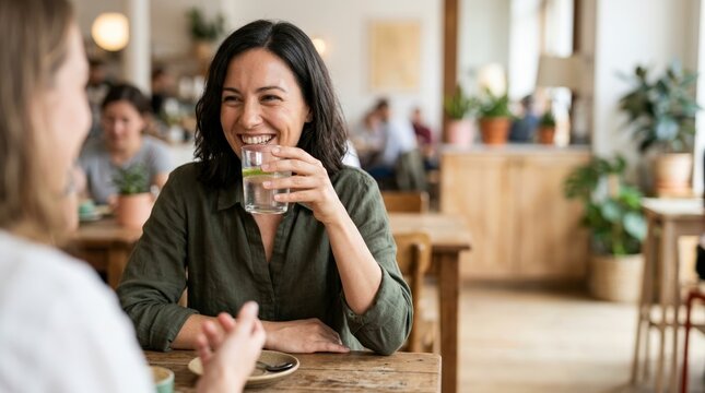 Smiling woman drinking water with lime in a cafe. Happy female adult having a conversation with a friend at a restaurant table. Candid social interaction concept