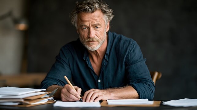 Senior man carefully signing his last will and testament at a desk, legal documents neatly arranged beside him, thoughtful and serious mood, retirement and inheritance planning concept, soft