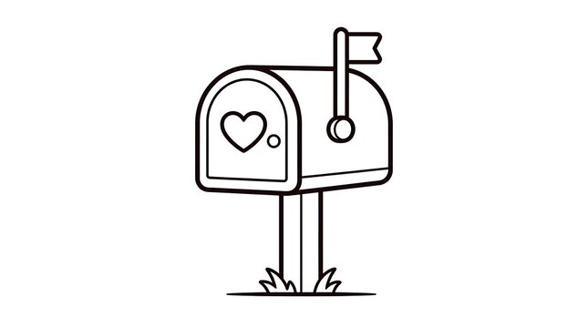 A simple black and white line drawing of a classic rural mailbox featuring a small heart icon for love letters