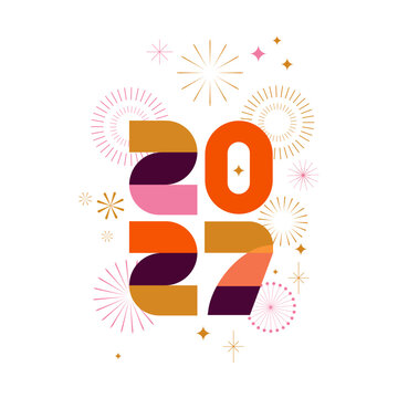 Happy New Year 2027 Celebration Design with Colorful Fireworks and Festive Number Logo Vector Illustration