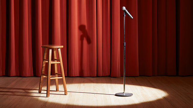 Stage set up for standup comedy with a wooden stool and microphone stand under bright spotlight against red theater curtain background