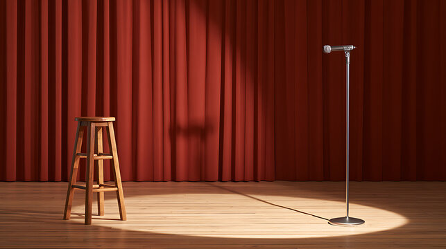 A wooden stool and metal microphone stand on a brightly spotlighted stage with dark red velvet curtains in the background for comedy performance