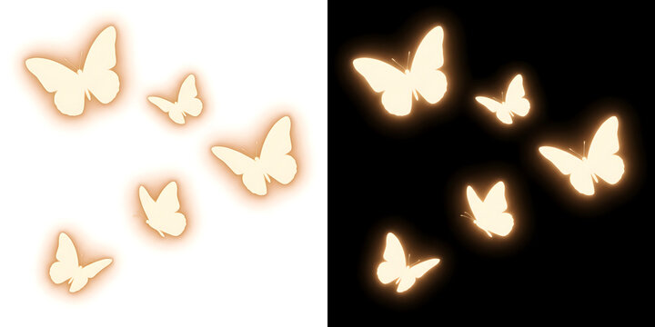Golden glowing butterflies flutter together in a magical swarm illuminating darkness perfect for design in PNG, Transparent and Black Background Versions
