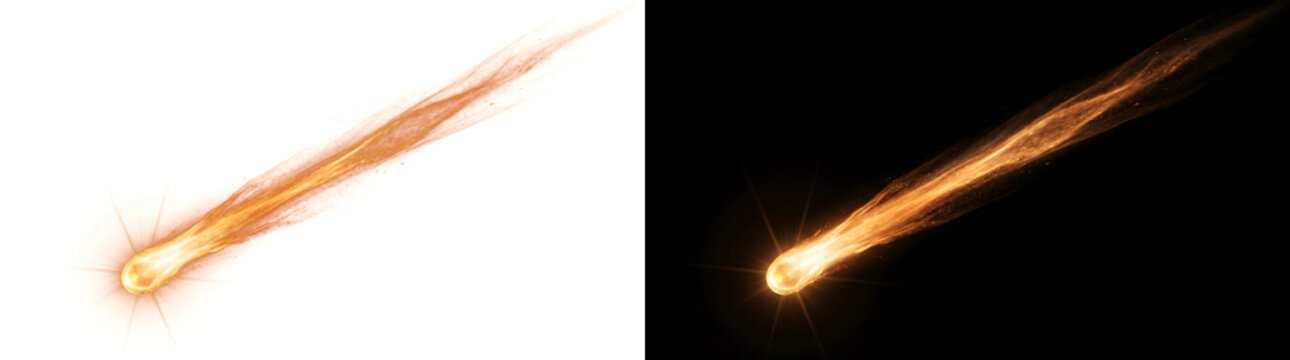 Meteor fireball streaks across darkness leaving a glowing trail of fire and sparks perfect for design in PNG, Transparent and Black Background Versions