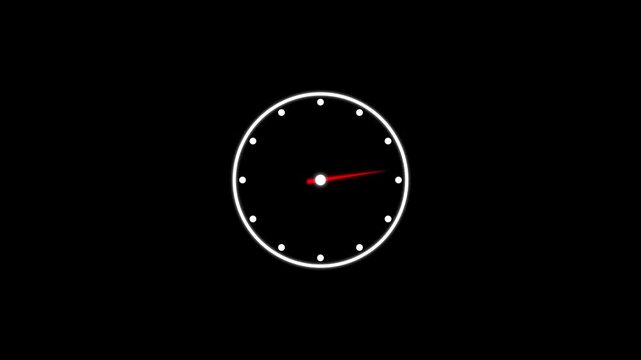Minimalist analog clock animation on black background, fast spinning clock hands concept