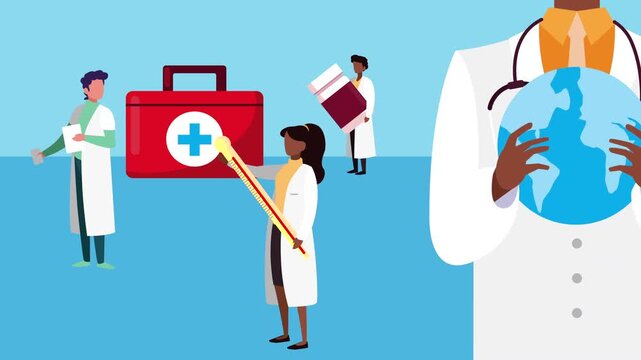 Medical professionals around world with medical kit and world globe animation.