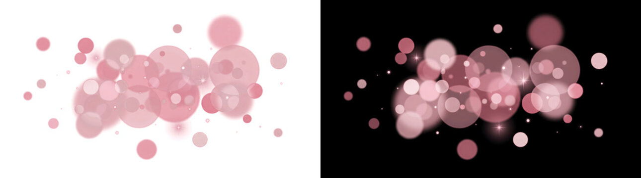 Pink bokeh light circles glow softly with blurred round shapes and sparkles perfect for romantic design in PNG, Transparent and Black Background Versions