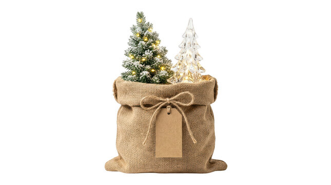 Small christmas trees in a rustic burlap sack decoration isolated on transparent background