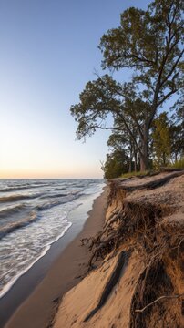 vulnerable coastal vegetation standing at the edge of an eroding sandy bank, powerful waves rolling nearby, roots exposed by retreating soil, soft sunrise light, realistic environmental photography